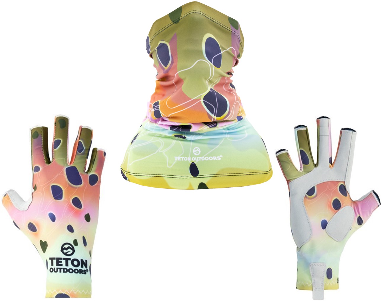 Wind river flyworks fly fishing gloves neck gaiter sun buff UPF50 SPF uv protection face mask brown trout brook golden cutthroat rainbow fingerless half finger glove made in usa