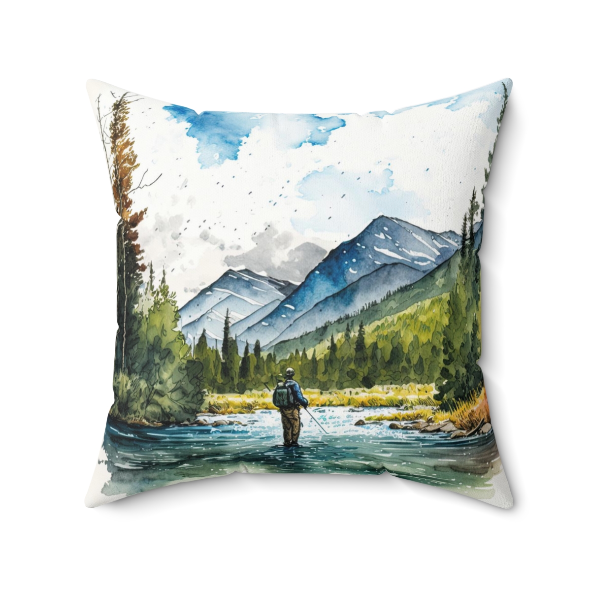 "A Cloudy Day on Pacific Creek" Watercolor Print Fly Fishing Pillow - Great Cabin Decor, Rec Room, and Man Cave