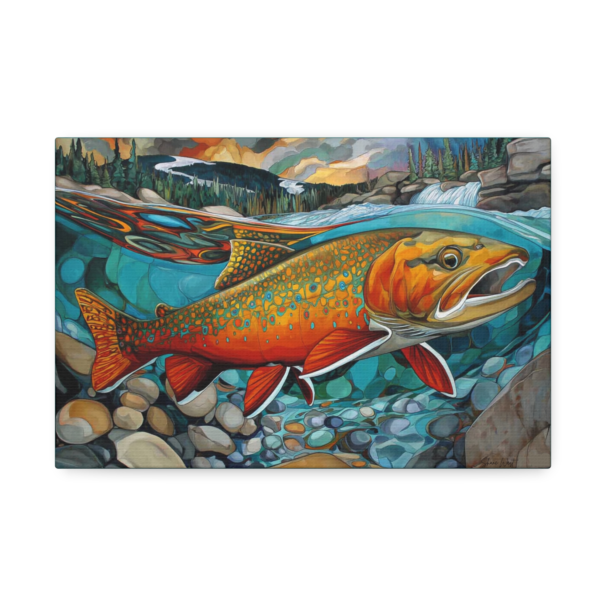 Abstract Brook Trout Wall Art, Mountain Stream & Rocky Creek Fishing Decor, Colorful Wildlife Drawing for Cabin, Lake House, or Angler Gift